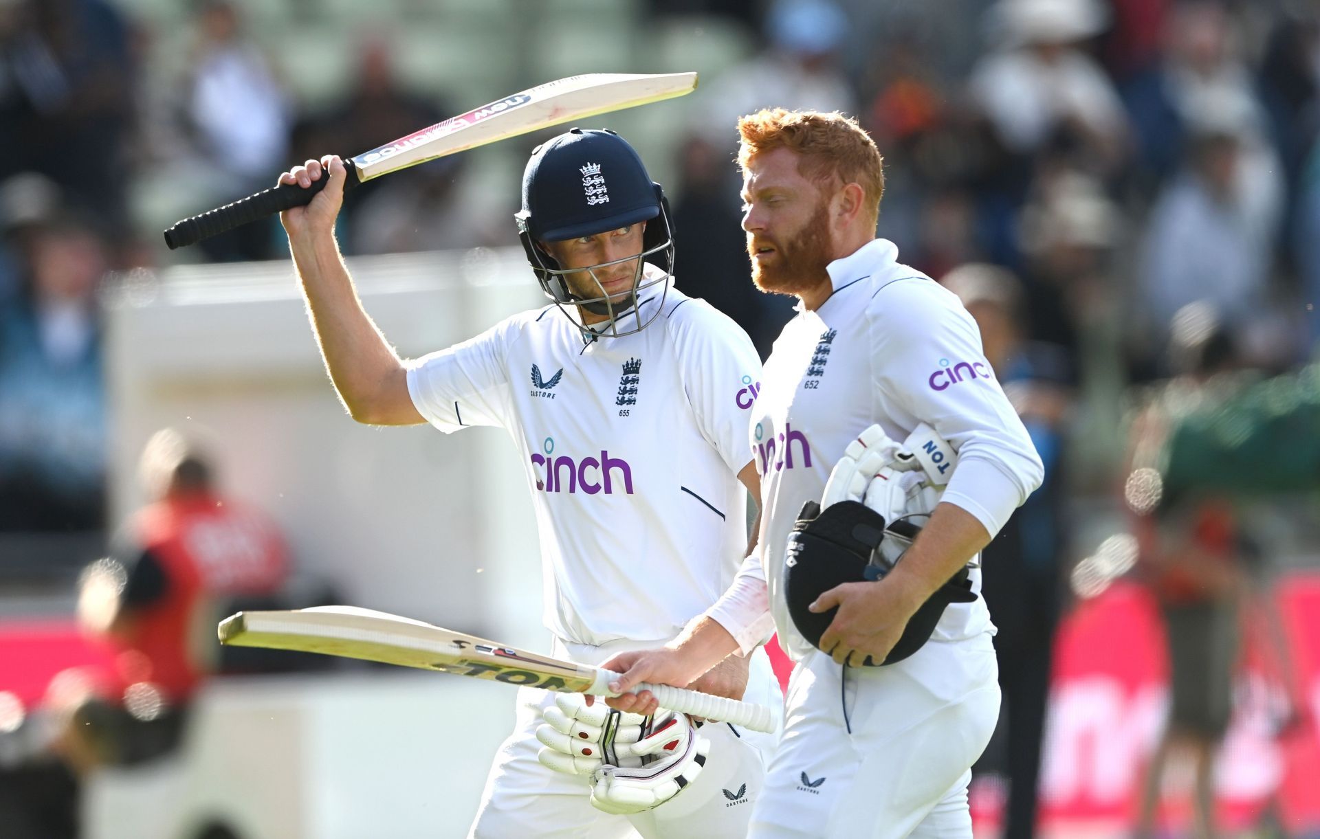 Jonny Bairstow (right) and Joe Root acknowledge the applause as they leave the field after Day 4 in Birmingham. Pic: Getty Images