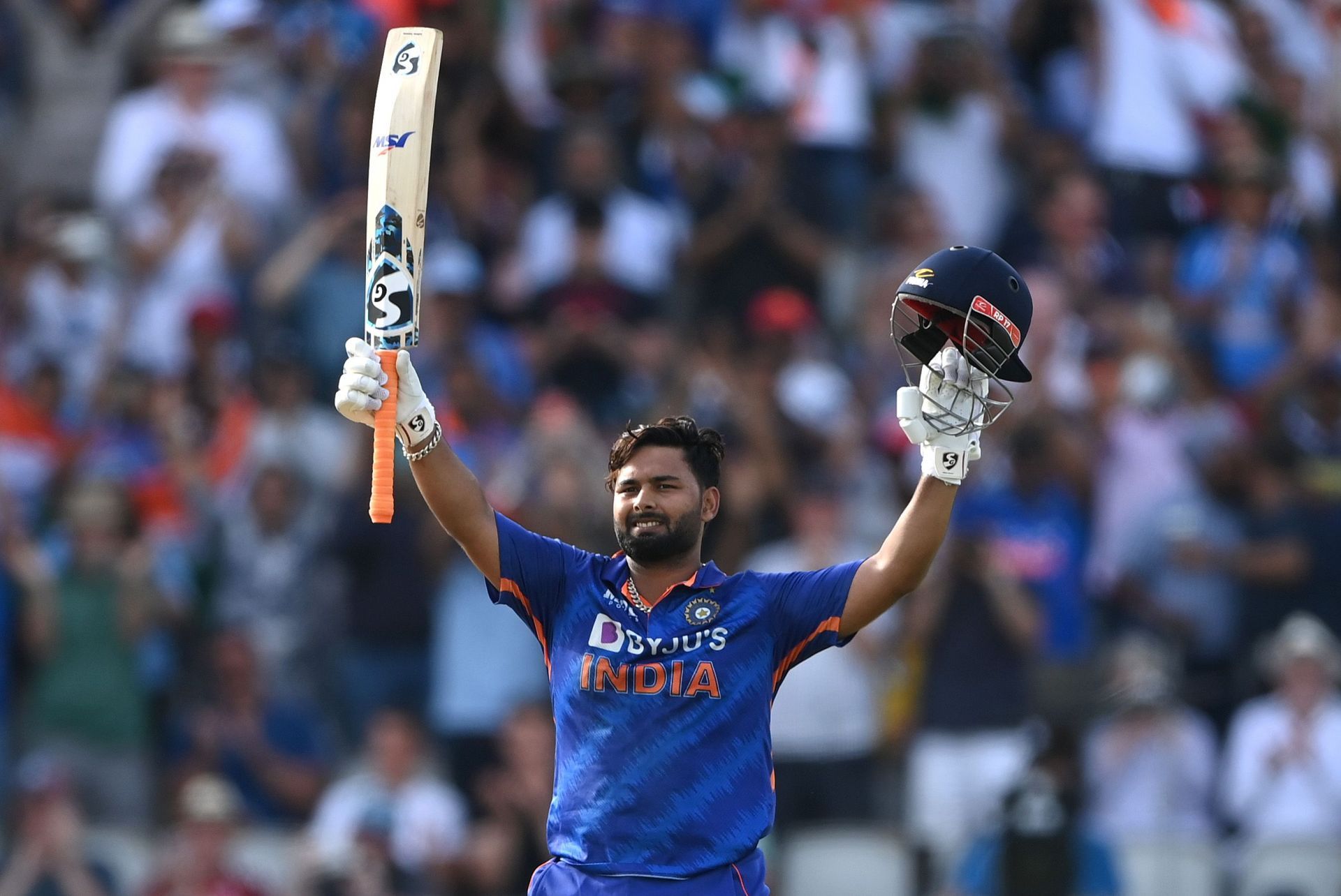 Rishabh Pant celebrates his 100 in the third ODI. Pic: Getty Images