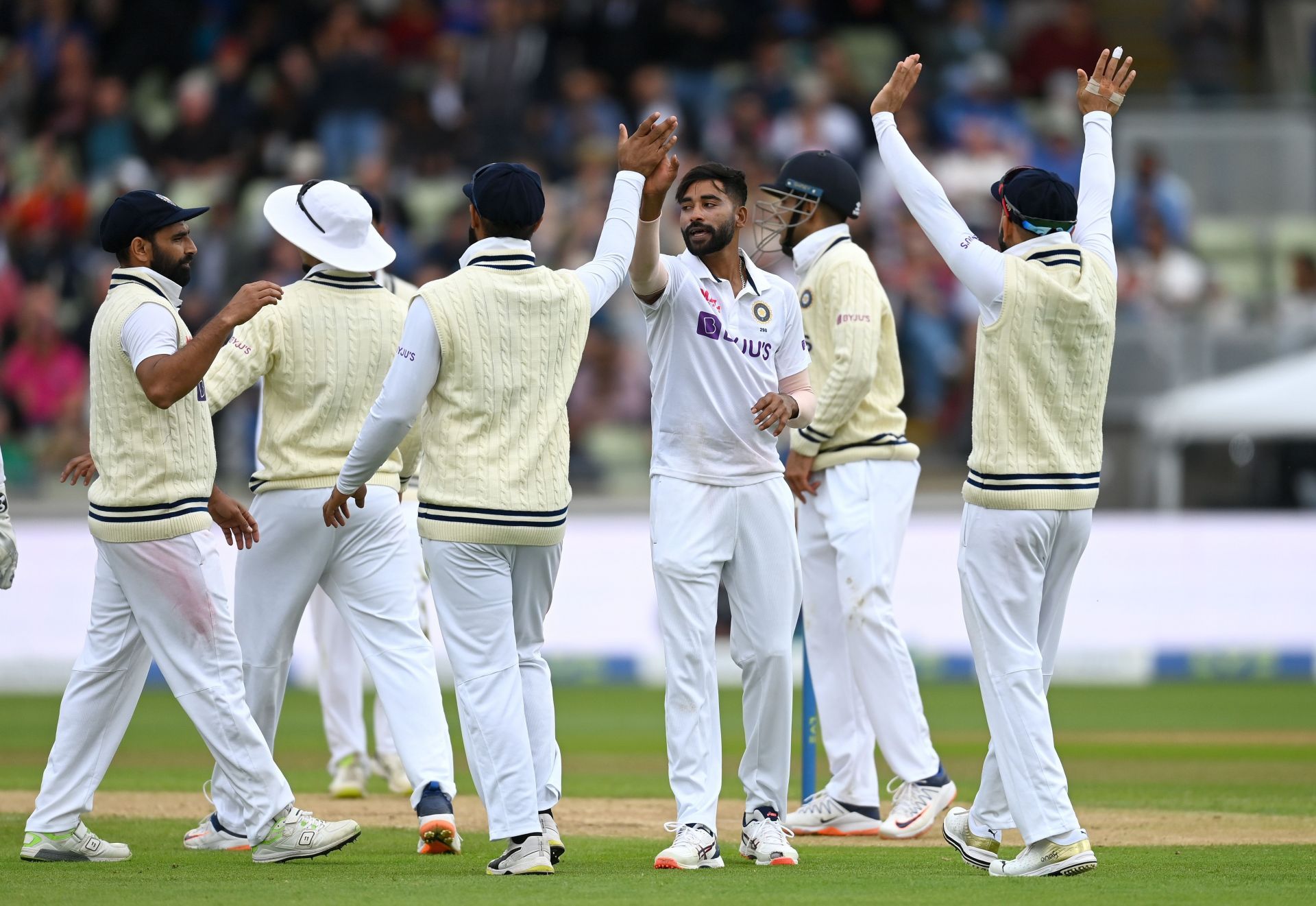 Mohammed Siraj celebrates dismissing Stuart Broad on Day 3 of the Birmingham Test. Pic: Getty Images