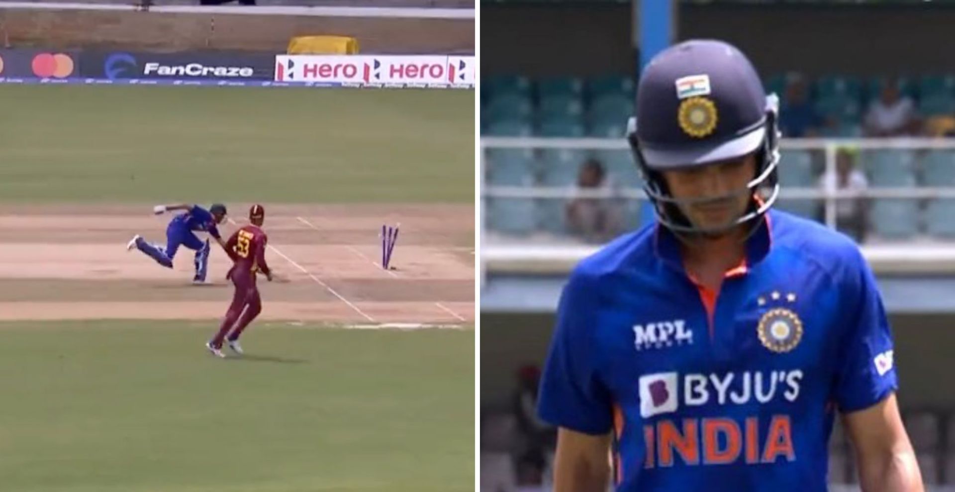 Shubman Gill was found short of his crease while taking a single [P/C: Twitter]
