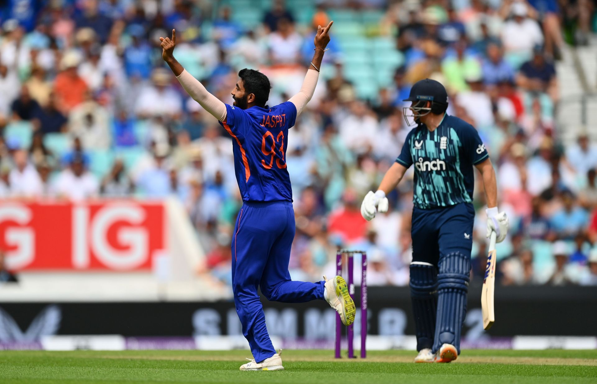 Jasprit Bumrah celebrates taking the wicket of Jonny Bairstow. Pic: Getty Images