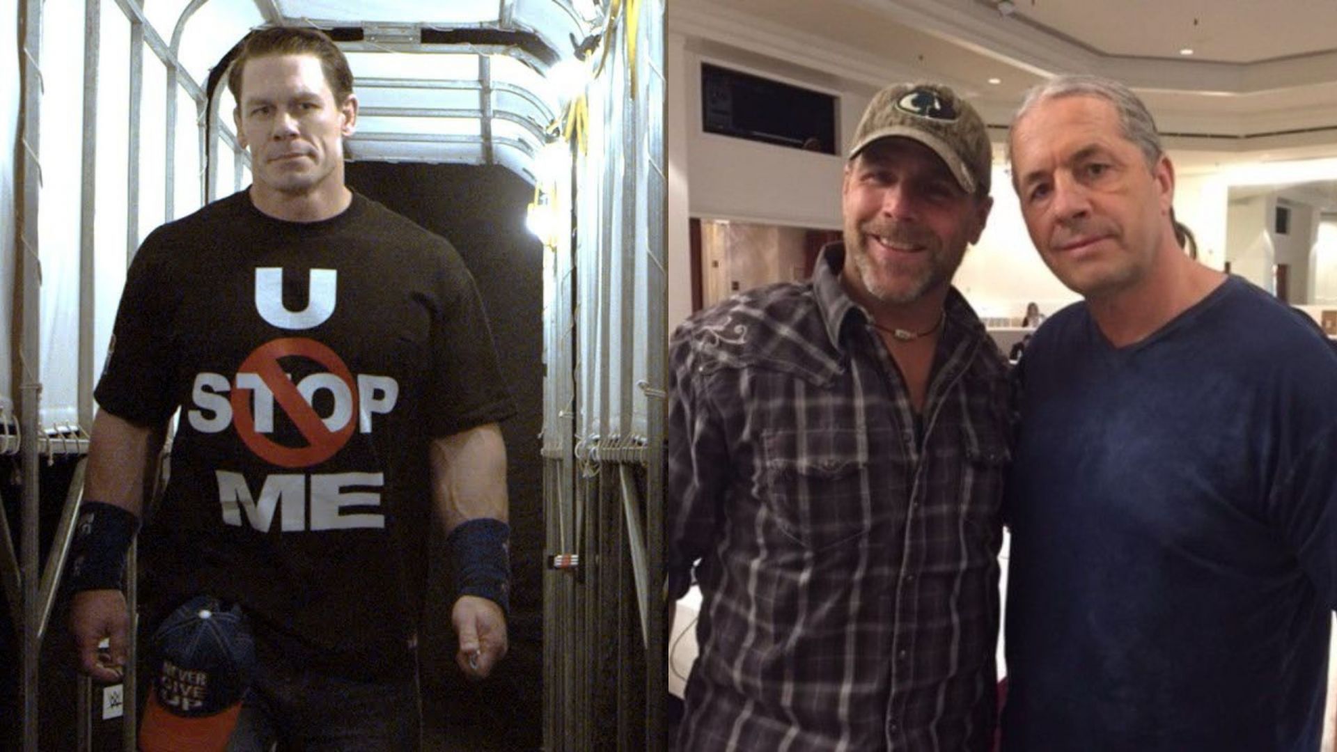 John Cena (left) and WWE Hall of Famers Shawn Michaels with Bret Hart (right)