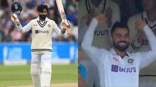 Virat Kohli was overjoyed after seeing Ravindra Jadeja register his second Test hundred of 2022 at Edgbaston (Image: Twitter)