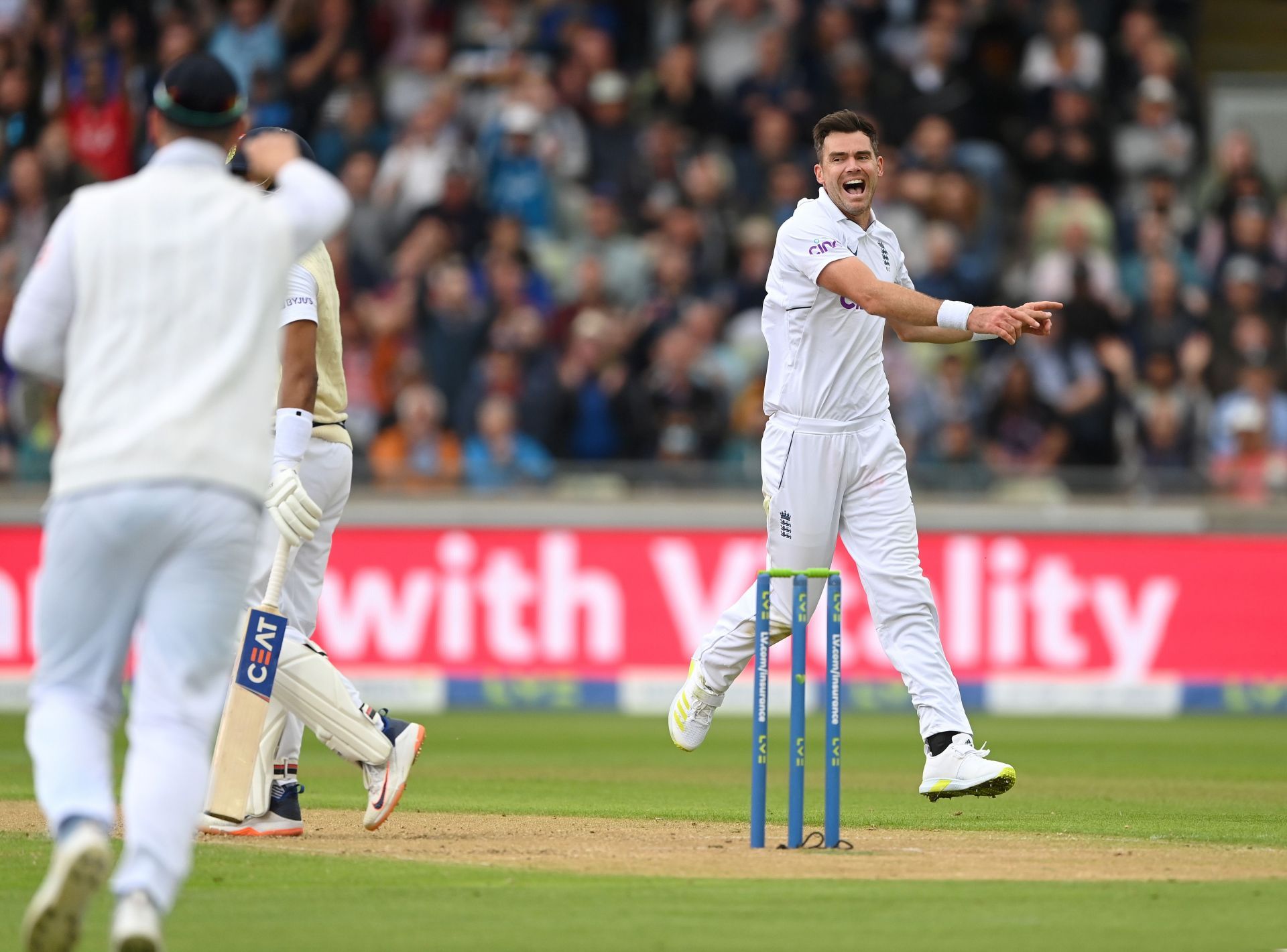 James Anderson celebrates the wicket of Shreyas Iyer. Pic: Getty Images