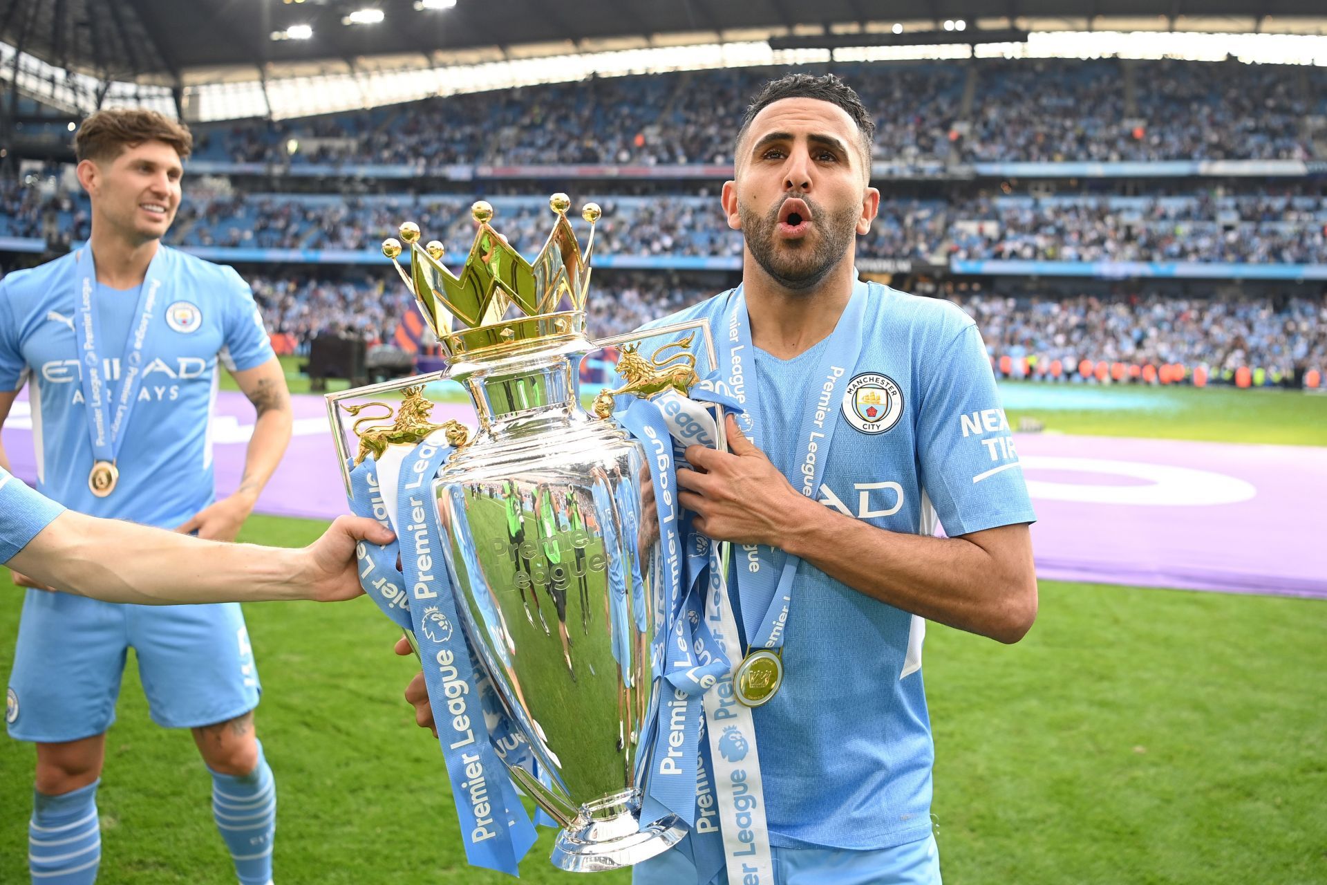 Mahrez celebrating Man City&#039;s Premier League win.