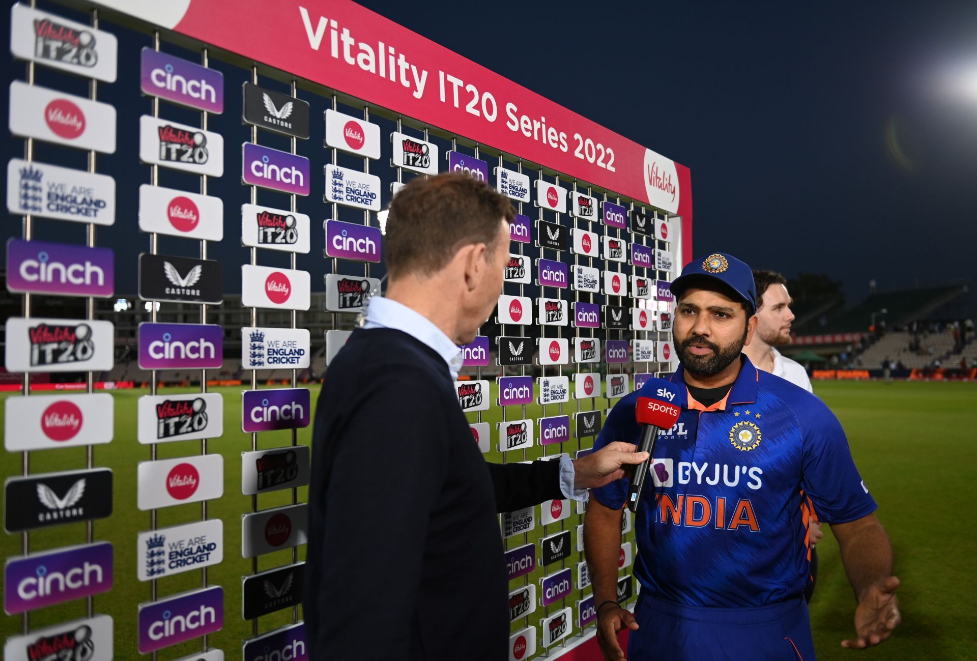 Rohit Sharma speaking at the post-match presentation ceremony.