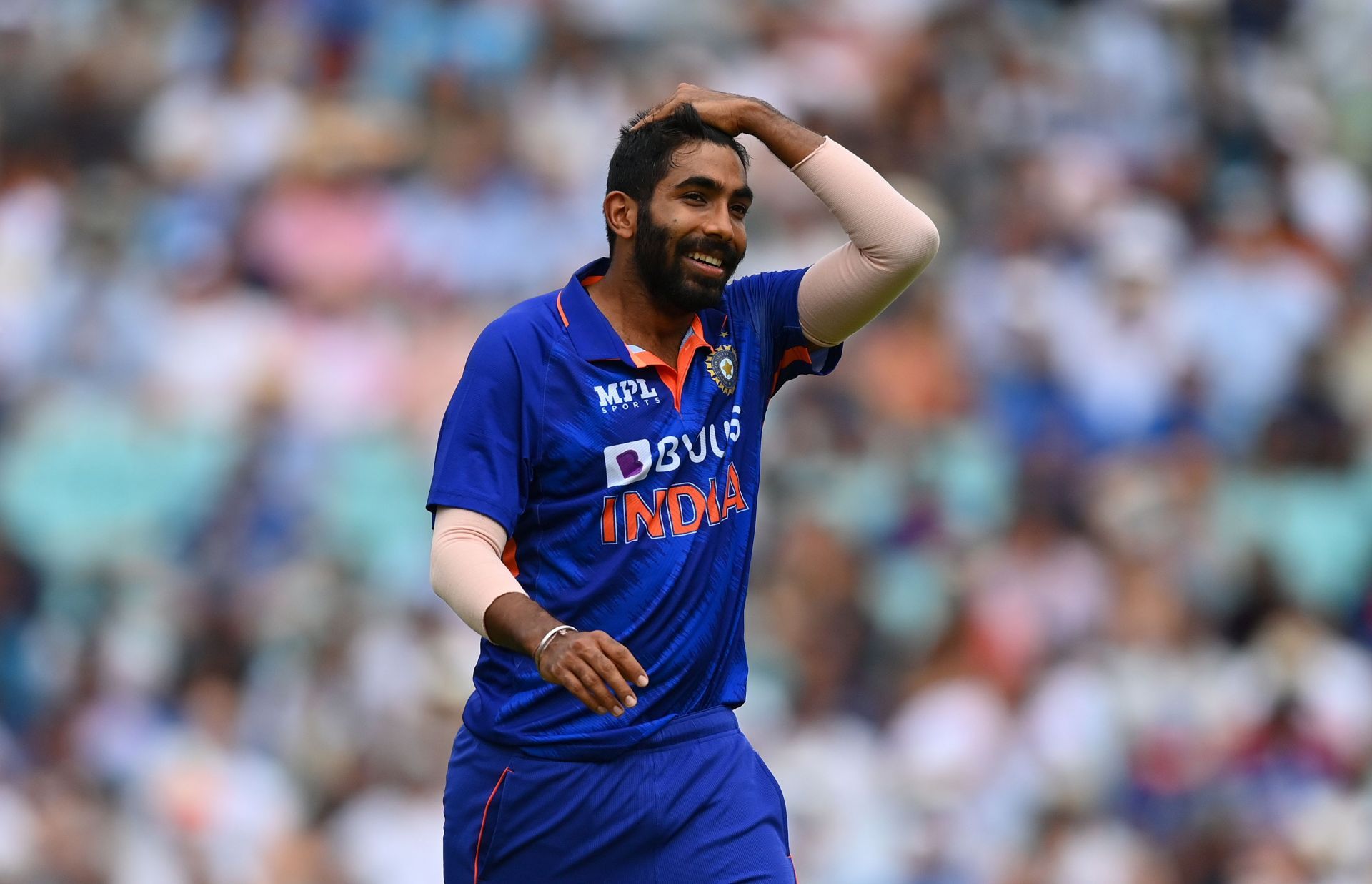 Jasprit Bumrah celebrates after taking the wicket of Brydon Carse. Pic: Getty Images