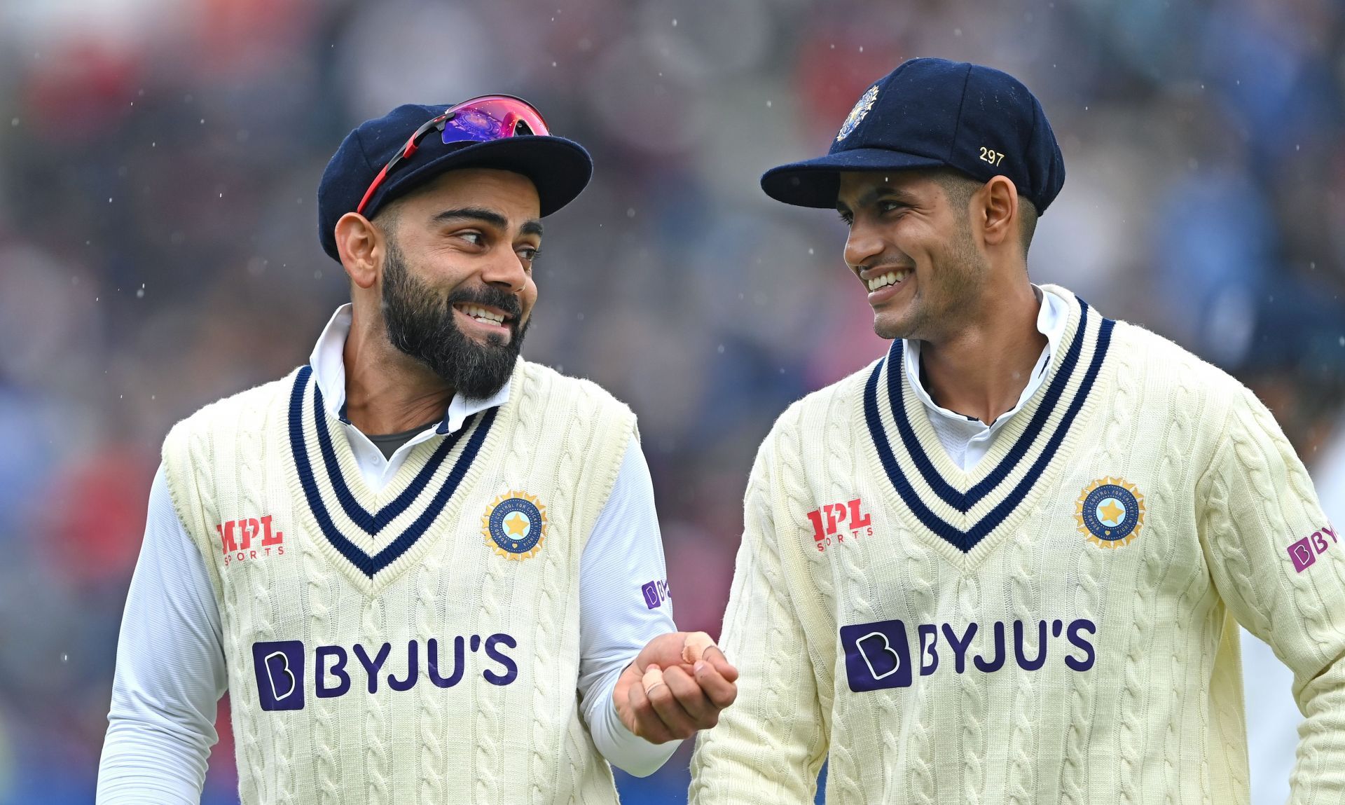 India batter Virat Kohli shares a joke with Shubman Gill during day two of the Birmingham Test. Pic: Getty Images