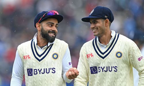 India batter Virat Kohli shares a joke with Shubman Gill during day two of the Birmingham Test. Pic: Getty Images