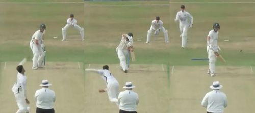 Screengrabs from Umesh Yadav’s maiden county wicket. Pic: Middlesex/ Twitter