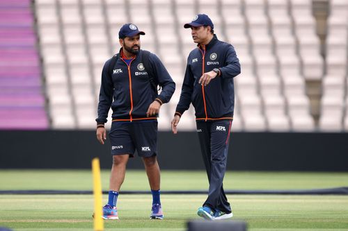 Captain Rohit Sharma (L) with coach VVS Laxman at the training nets in Southampton (Image: Getty)