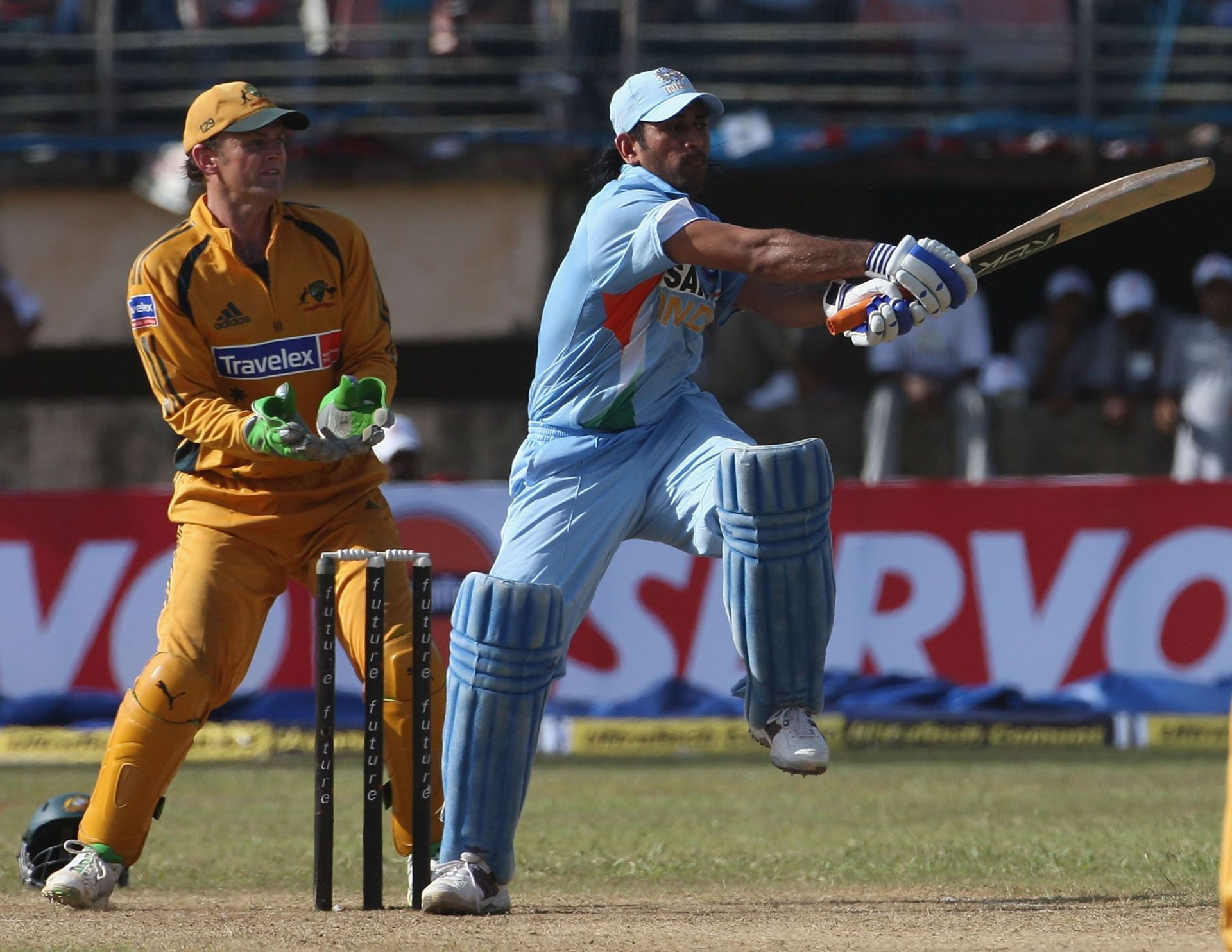 MS Dhoni pulls during an ODI against Australia in 2007. Pic: Getty Images