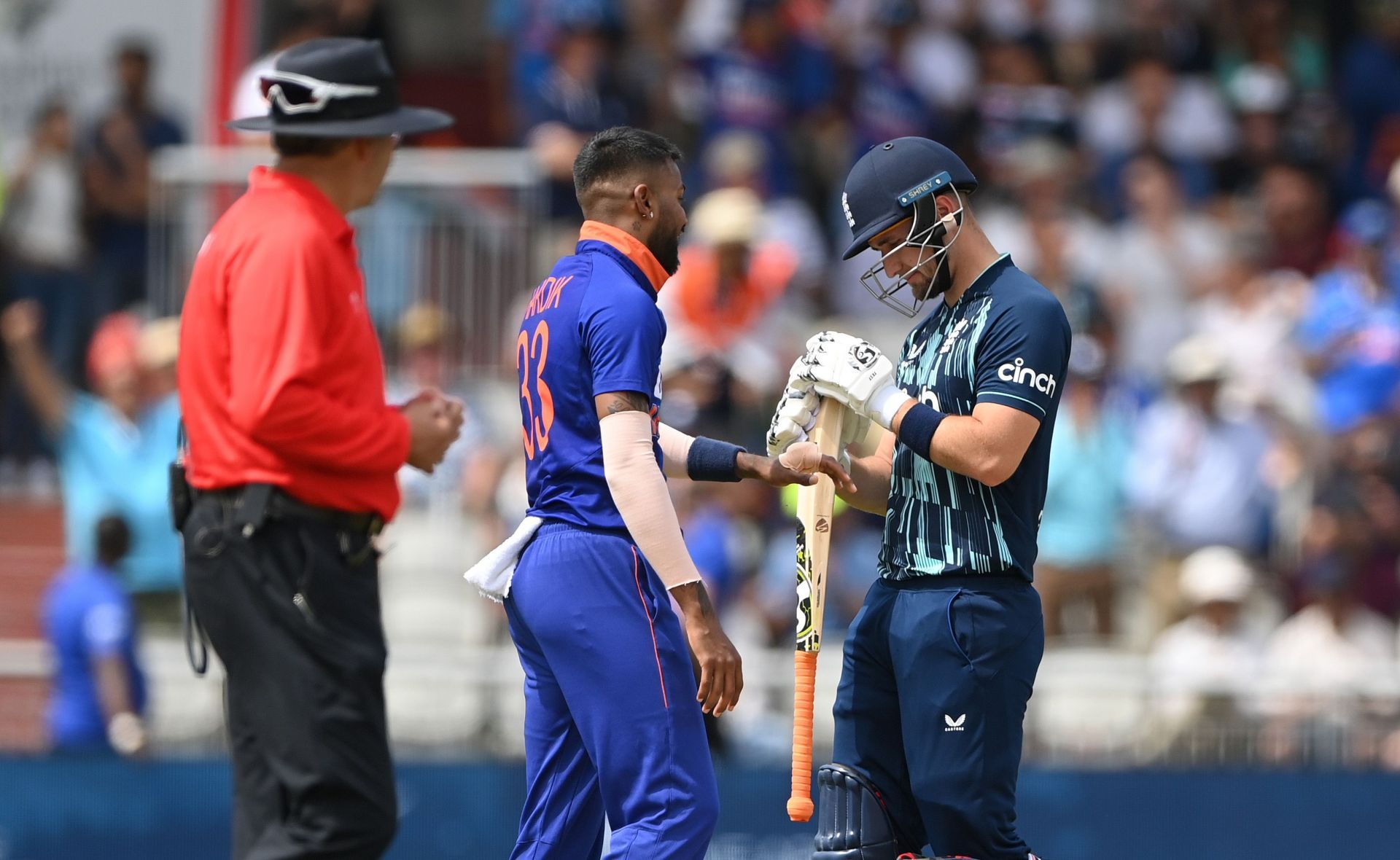 Liam Livingstone checks his bat after being dismissed by Handik Pandya. Pic: Getty Images