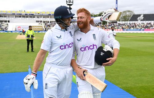 Joe Root and Jonny Bairstow celebrate after England's win over India. (Credits: Getty)