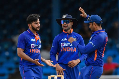 The Men in Blue celebrate a wicket during the ongoing ODI series against West Indies. Pic: BCCI