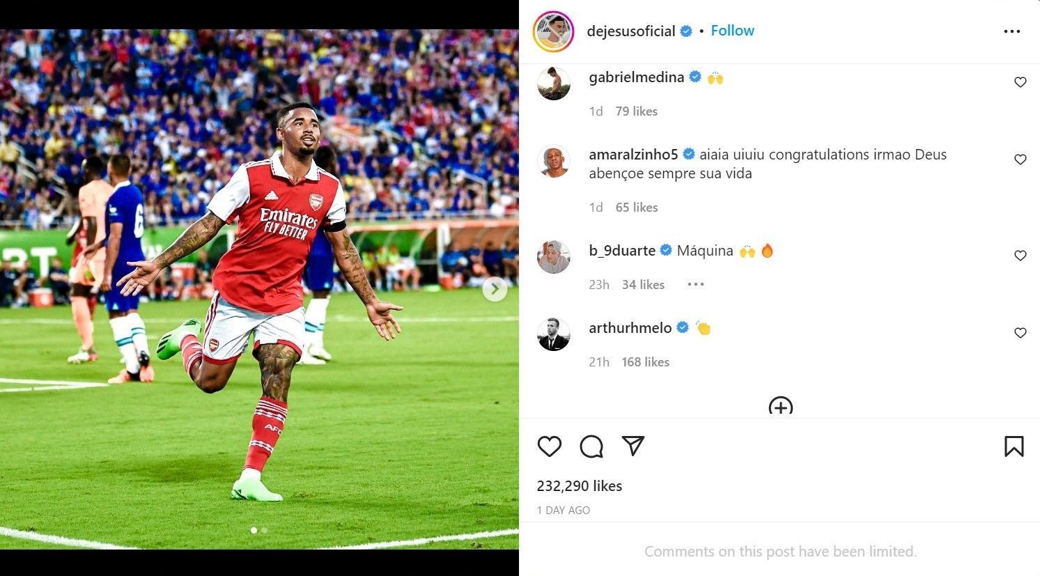 Arthur Melo reaction on Gabriel Jesus&#039; post