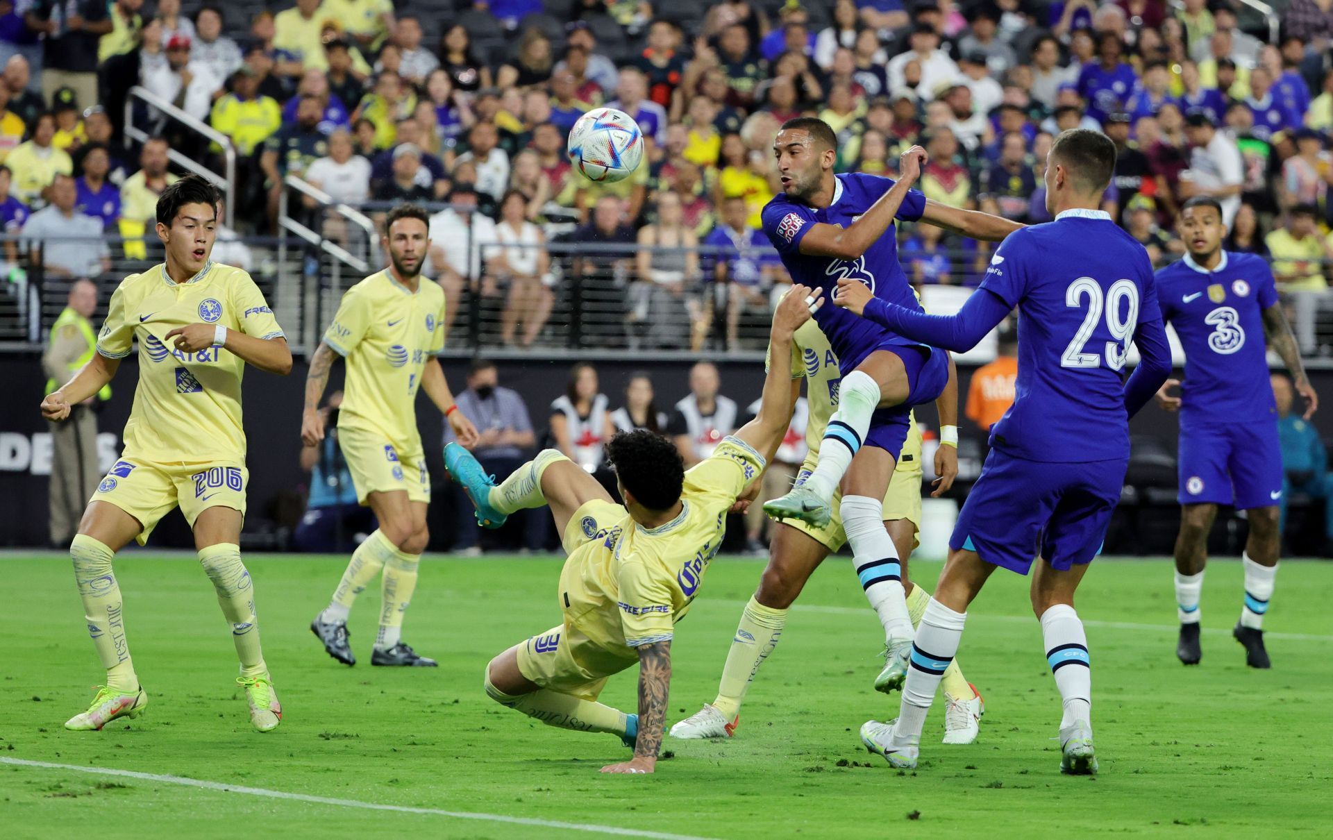 Hakim Ziyech takes a shot at goal in Chelsea&#039;s pre-season friendly against Club Am&eacute;rica.