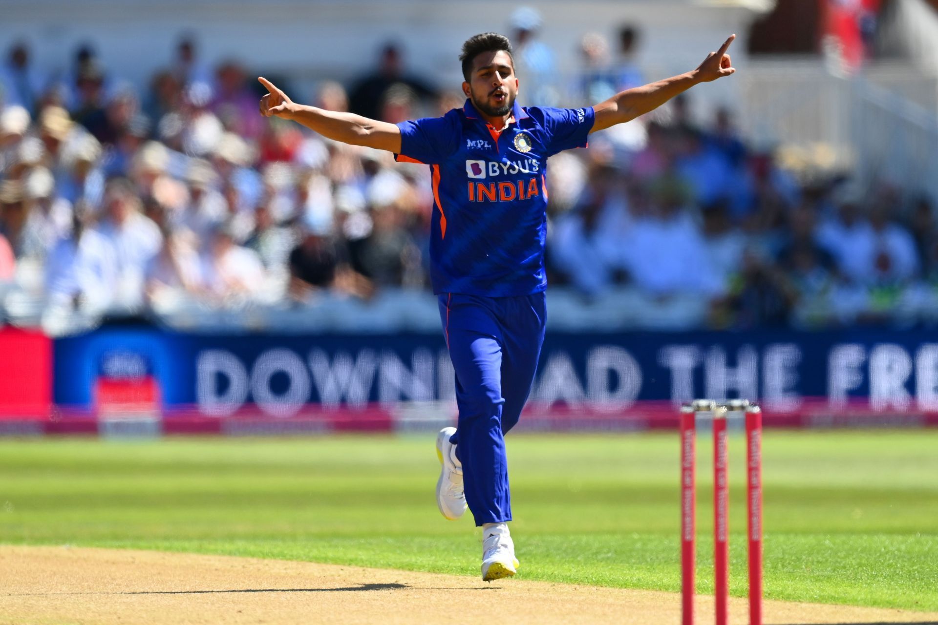 Umran Malik celebrates taking the wicket of Jason Roy during the 3rd T20. Pic: Getty Images