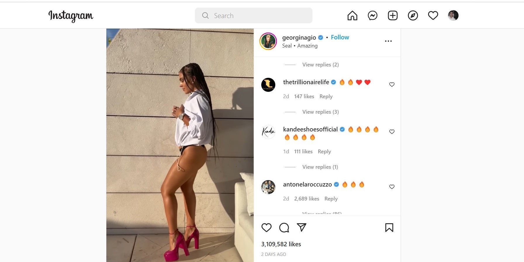 Antonela Rocuzzo commenting on Georgina Rodriguez Alo Yoga Instagram Post
