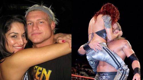 Dolph Ziggler with Nikki Bella (left) and Edge with Lita (right)