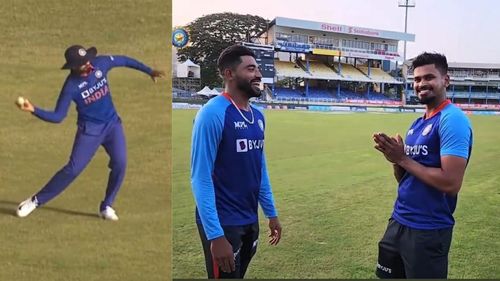 Shreyas Iyer (L) was enjoying himself in the field after taking some important catches. (P.C.:Twitter)