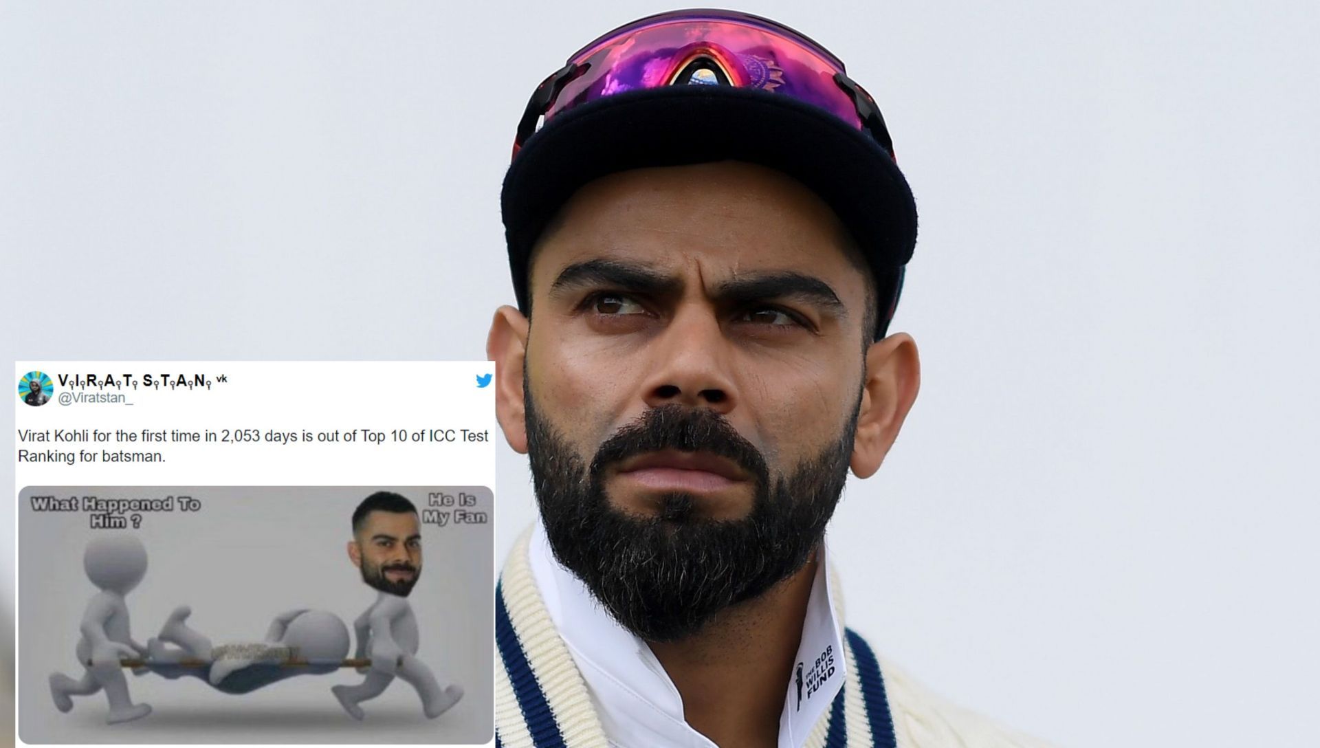 Virat Kohli has crashed out of the top 10 in Test rankings after almost six years.