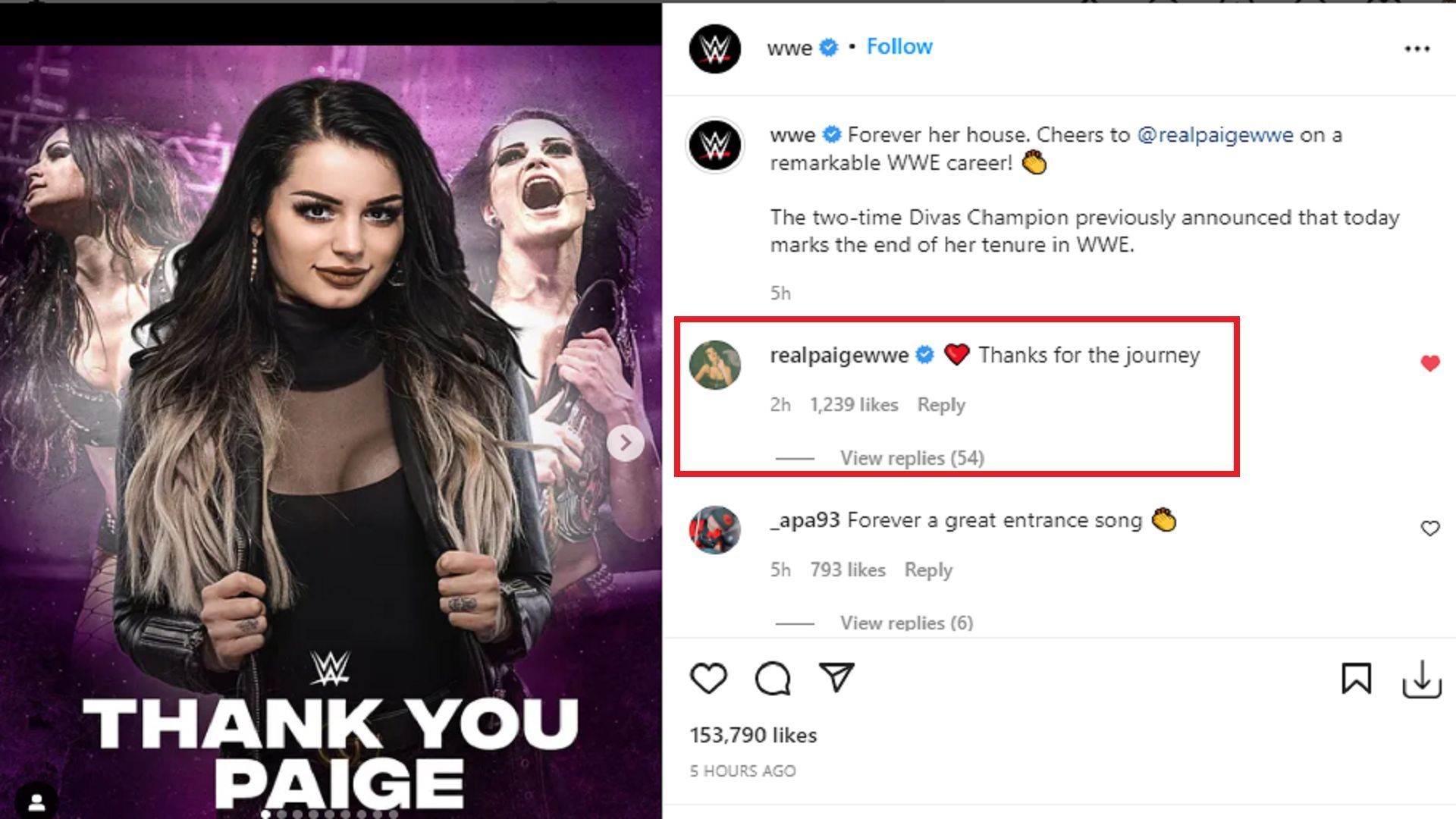 Paige's reaction to WWE's farewell message on its official Instagram handle