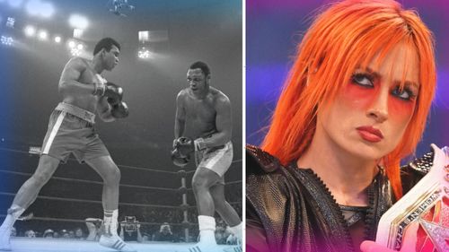 Muhammad Ali and Joe Frazier (left), Becky Lynch (right)