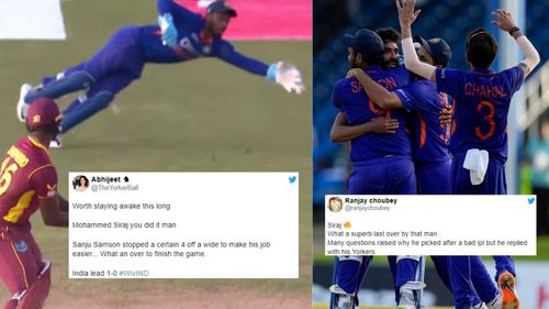 Sanju Samson's (L) dive and Mohammad Siraj's incredible death bowling helped India win. (P.C.:Fancode)