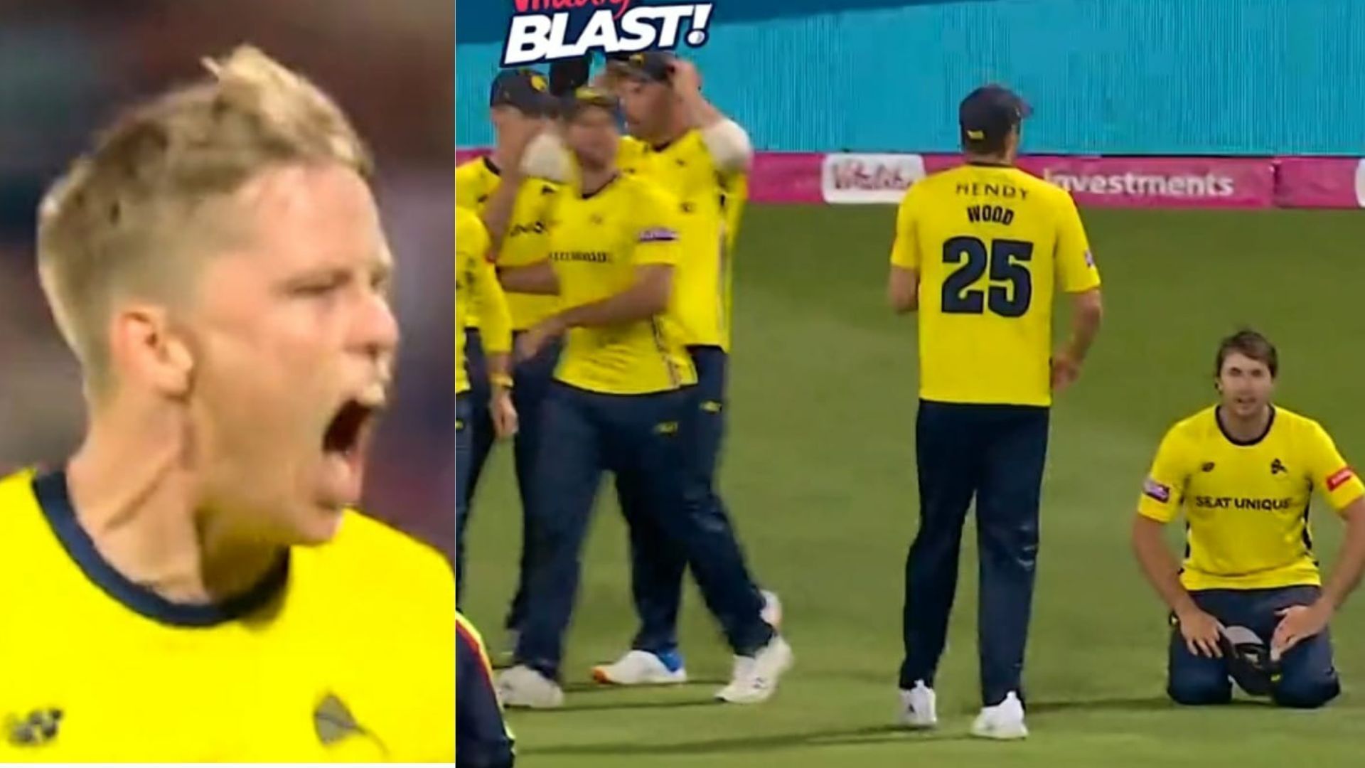 Nathan Ellis (L) and Hampshire players began to celebrate, only to realize later that it was a no-ball. (P.C.:Vitality Blast)