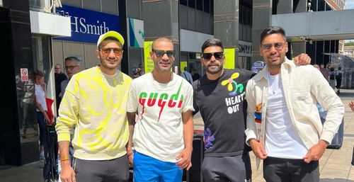 (L-R): Axar Patel, Shikhar Dhawan, Mohammad Siraj and Avesh Khan chilling ahead of the final ODI against England. (Credits: Instagram)