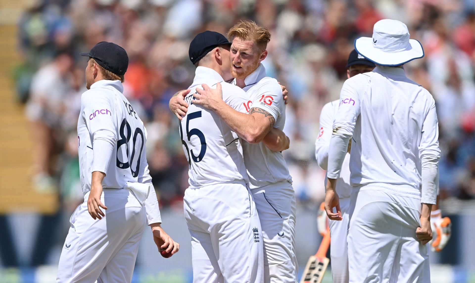 Ben Stokes is congratulated by Matthew Potts after taking the wicket of Ravindra Jadeja. Pic: Getty Images
