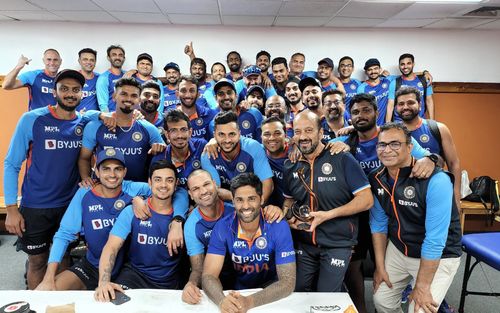 A jubilant Indian squad after their ODI series win against West Indies (Source: BCCI/Twitter)