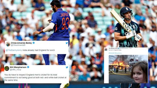 Jasprit Bumrah (L) celebrates after picking up the wicket of Liam Livingstone. (P.C.:Twitter)