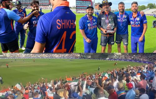 (Above) Team India members celebrate after the ODI series win; (Below) The crowd in Manchester react to the Men in Blue’s triumph.