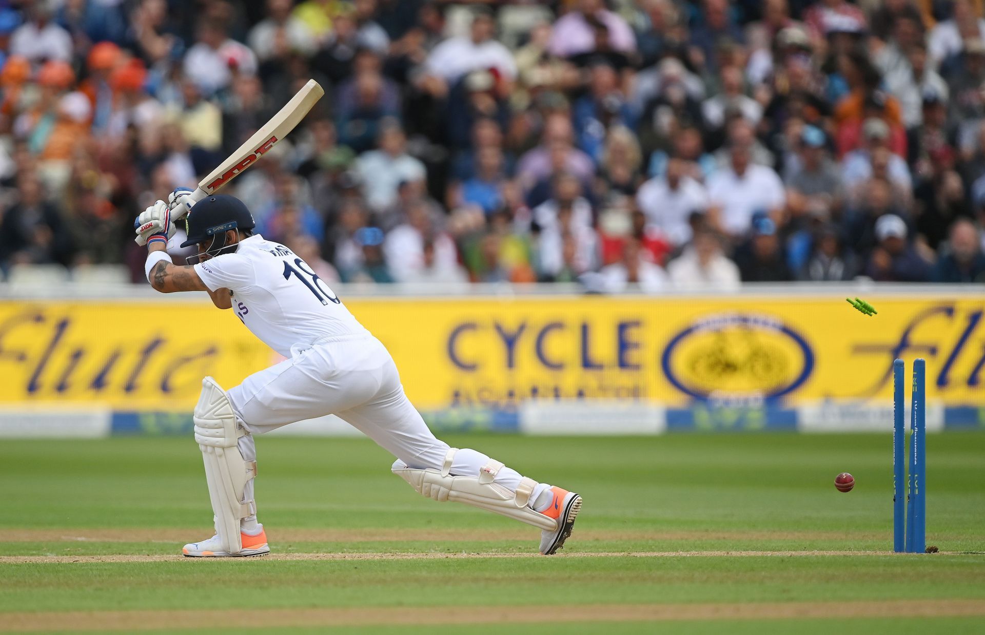 Virat Kohli misjudged the line of Matthew Potts&#039; delivery and chopped it onto his stumps.