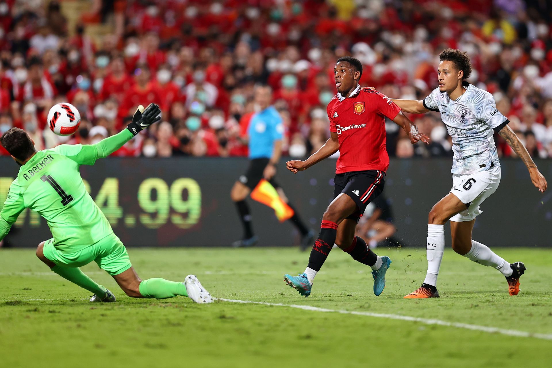 Anthony Martial scores Manchester United&#039;s third goal against Liverpool.