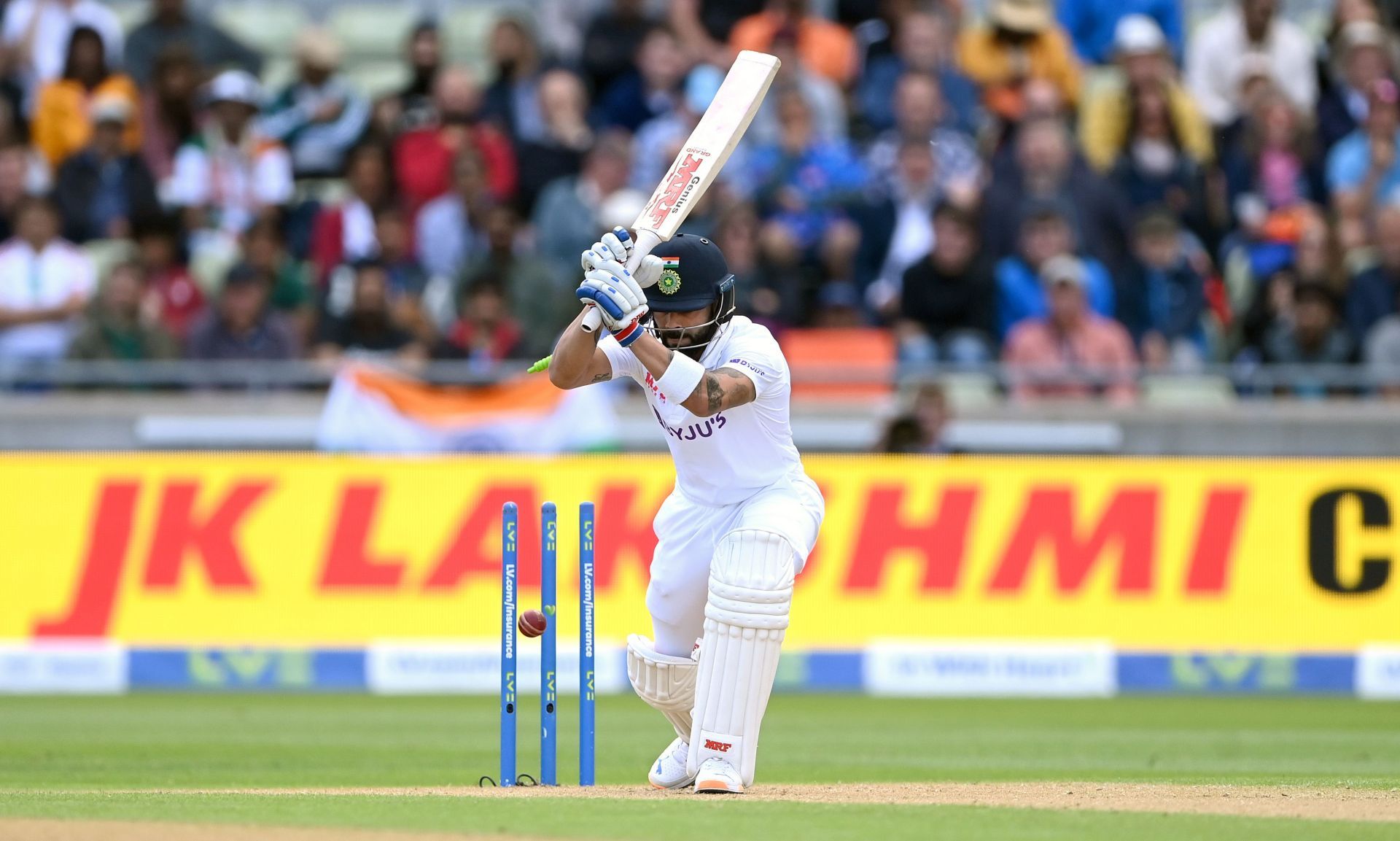 Virat Kohli is bowled by Matthew Potts during day one of the 5th Test. Pic: Getty Images