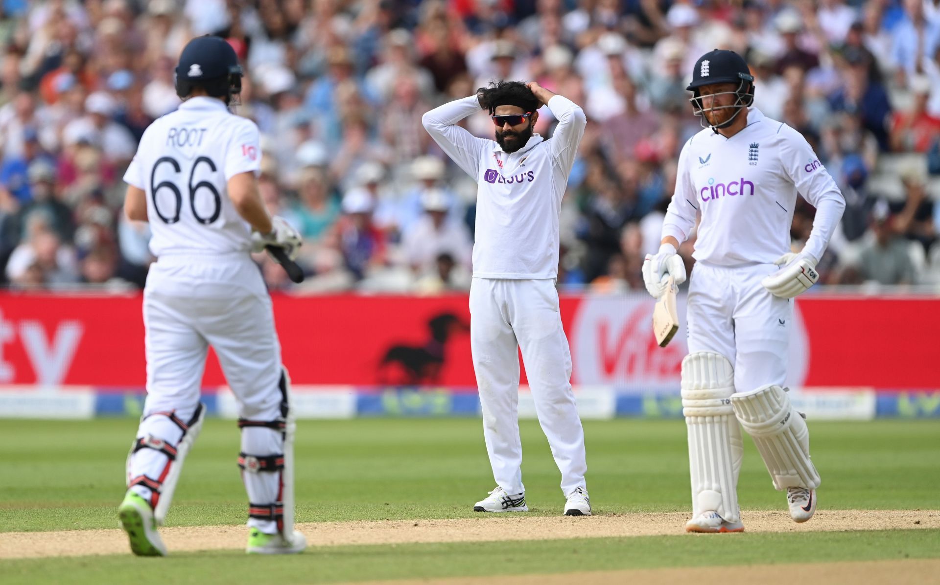 Ravindra Jadeja reacts as Jonny Bairstow and Joe Root pick up some runs. Pic: Getty Images