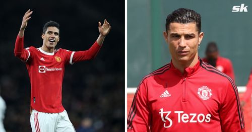 Manchester United defender Raphael Varane (L) on Cristiano Ronaldo (R)