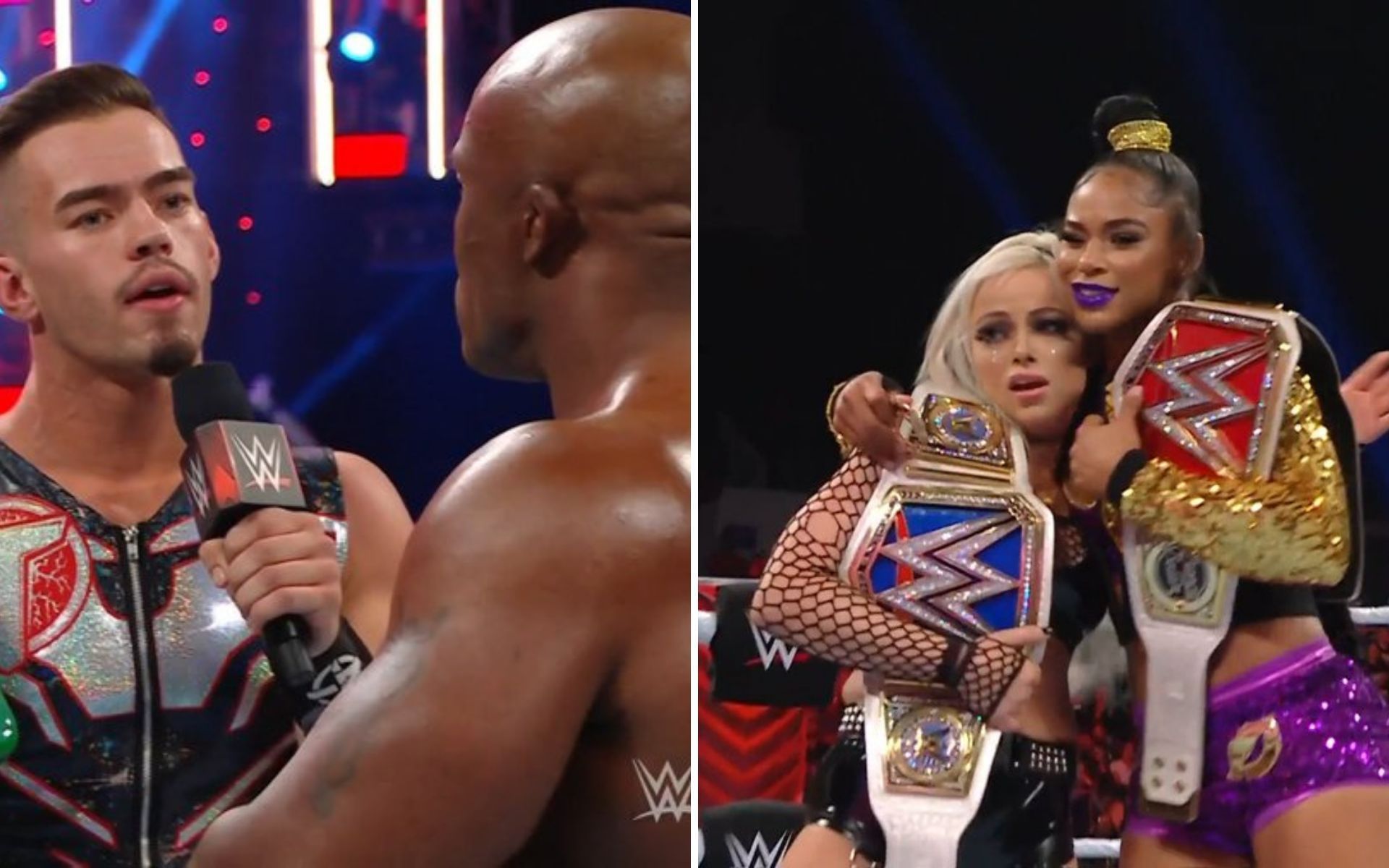 Theory and Bobby Lashley (left); The two women&#039;s champions (right)
