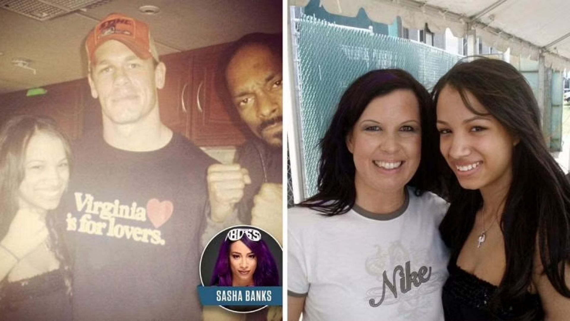 Sasha Banks with John Cena and Snoop Dogg (left); with Vickie Guerrero (right)