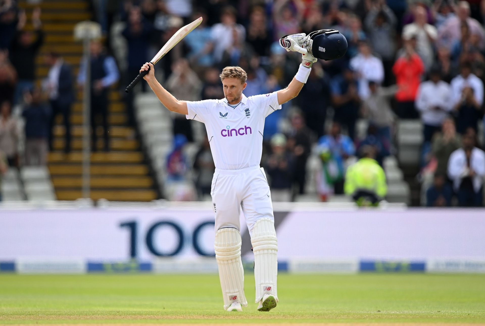 Joe Root celebrates after scoring a century against India at Edgbaston