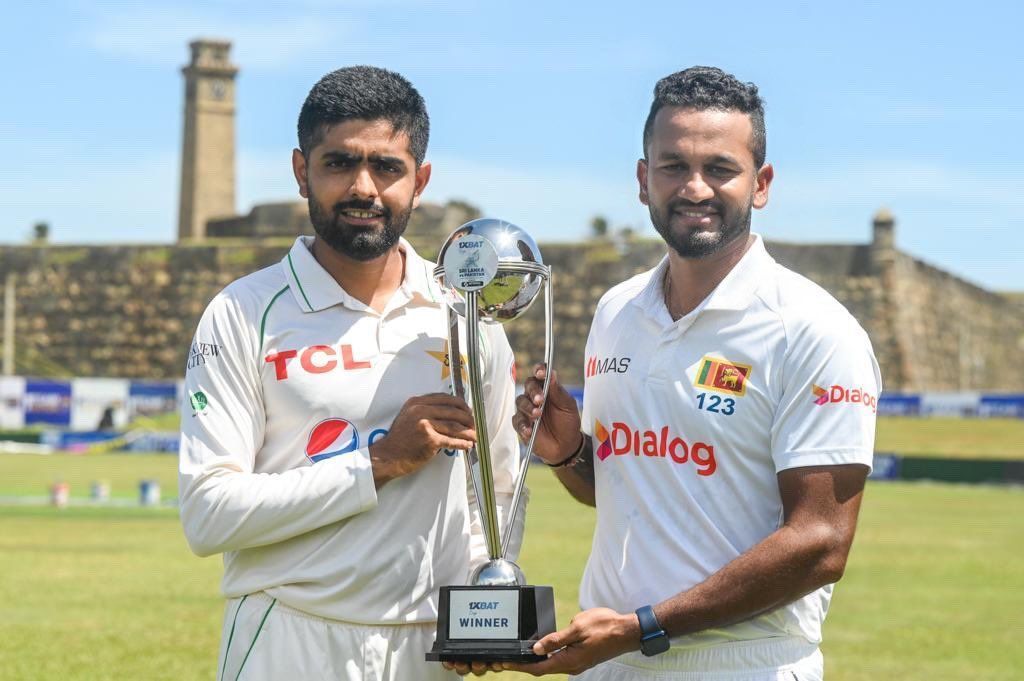 Babar Azam and Dimuth Karunaratne pose with the trophy ahead of the Test series. (Image Courtesy: Twitter)