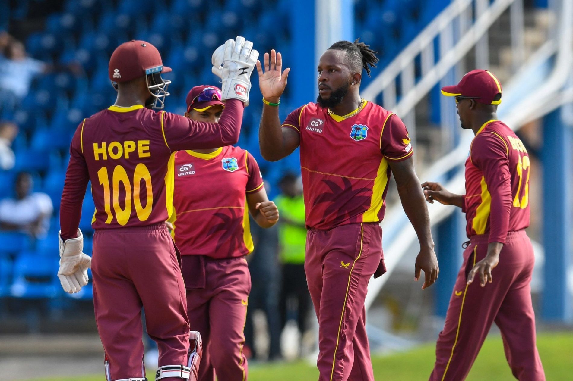 West Indies players celebrate a wicket in the second ODI. Pic: Windies Cricket/ Twitter