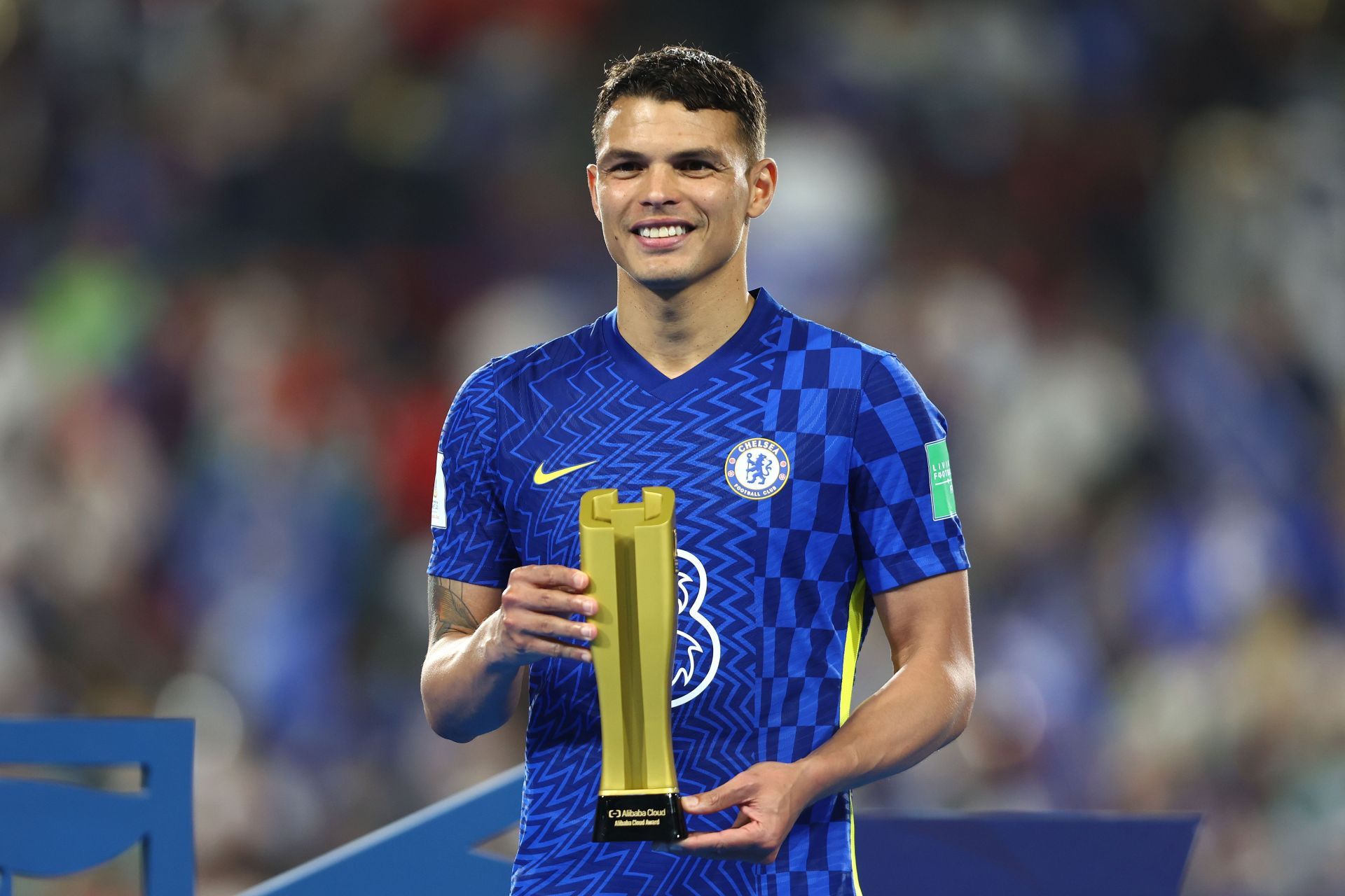 Thiago Silva posing with Man of the Tournament trophy for the FIFA Club World Cup 2021