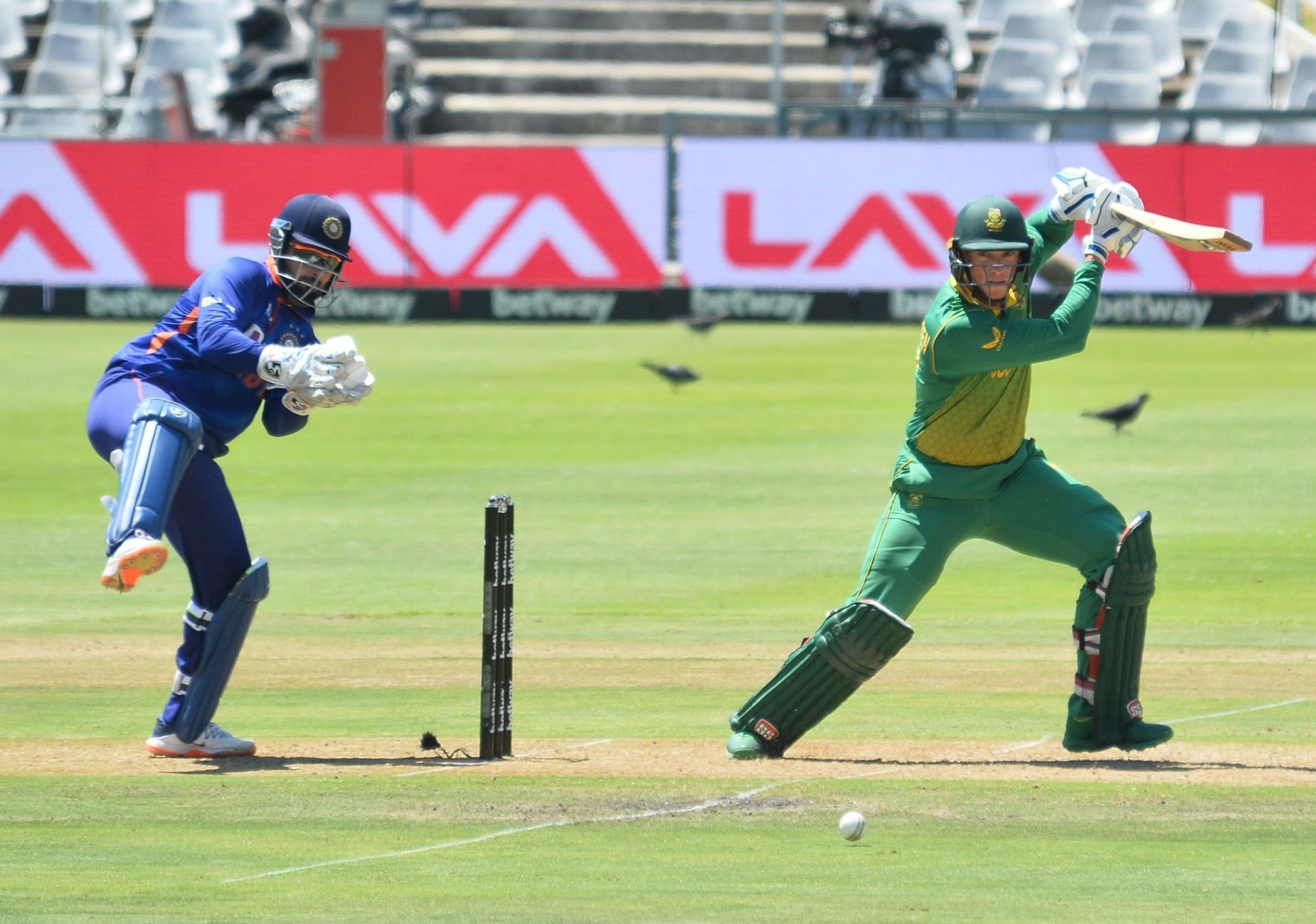 Rishabh Pant and Rassie van der Dussen during the 3rd ODI between South Africa and India at Newlands on January 23, 2022, in Cape Town. (Gallo Images)