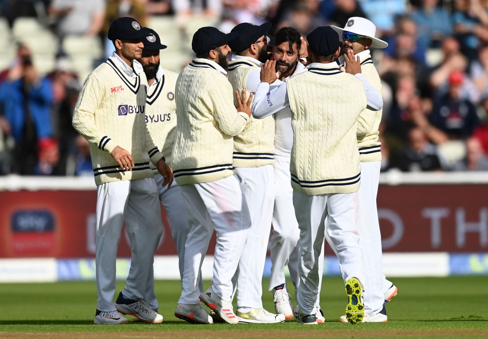 Mohammed Siraj celebrates with teammates after dismissing Joe Root. Pic: Getty Images