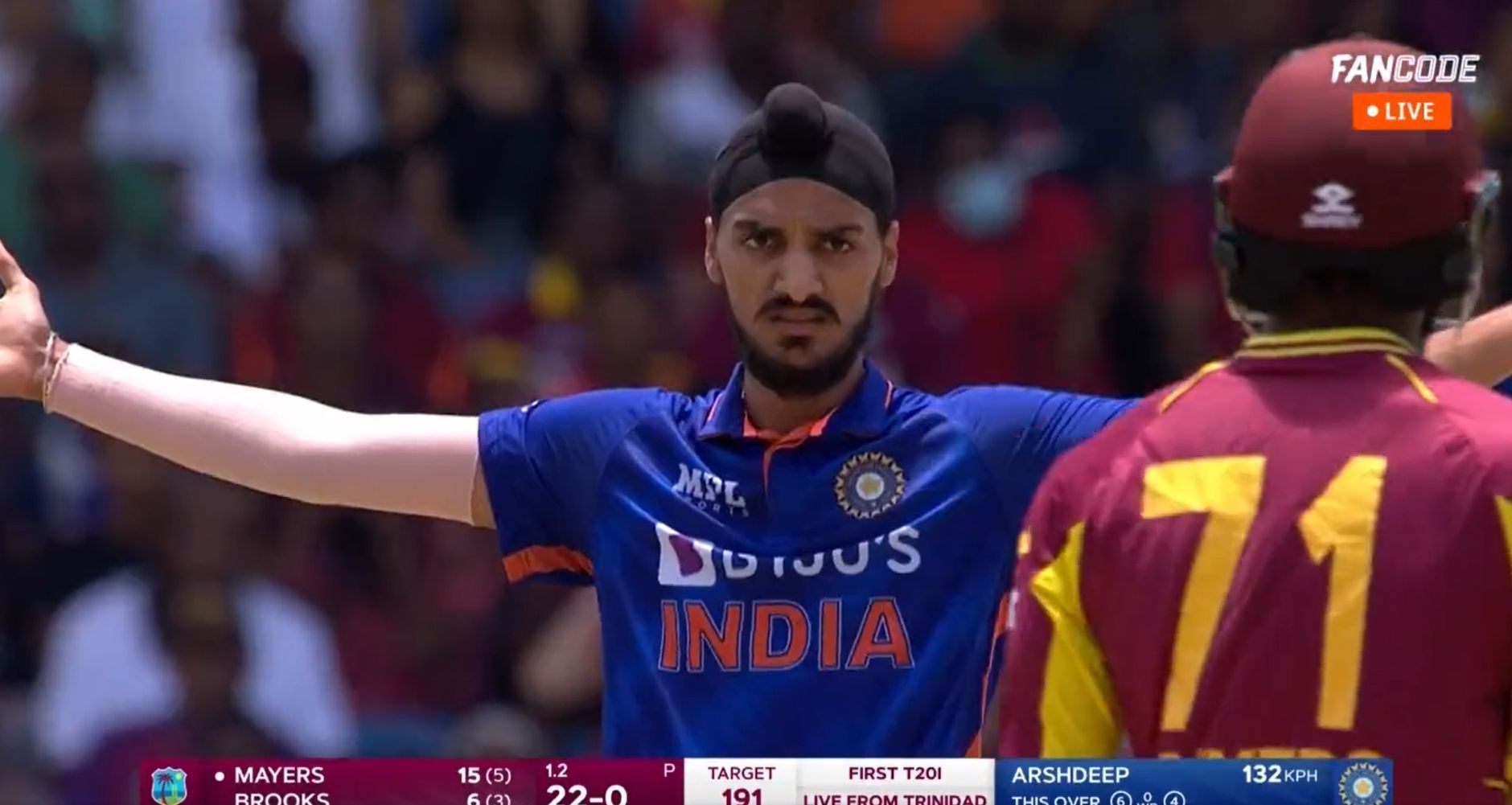 Arshdeep Singh staring at Kyle Mayers after his wicket. [Pic credits: FanCode]