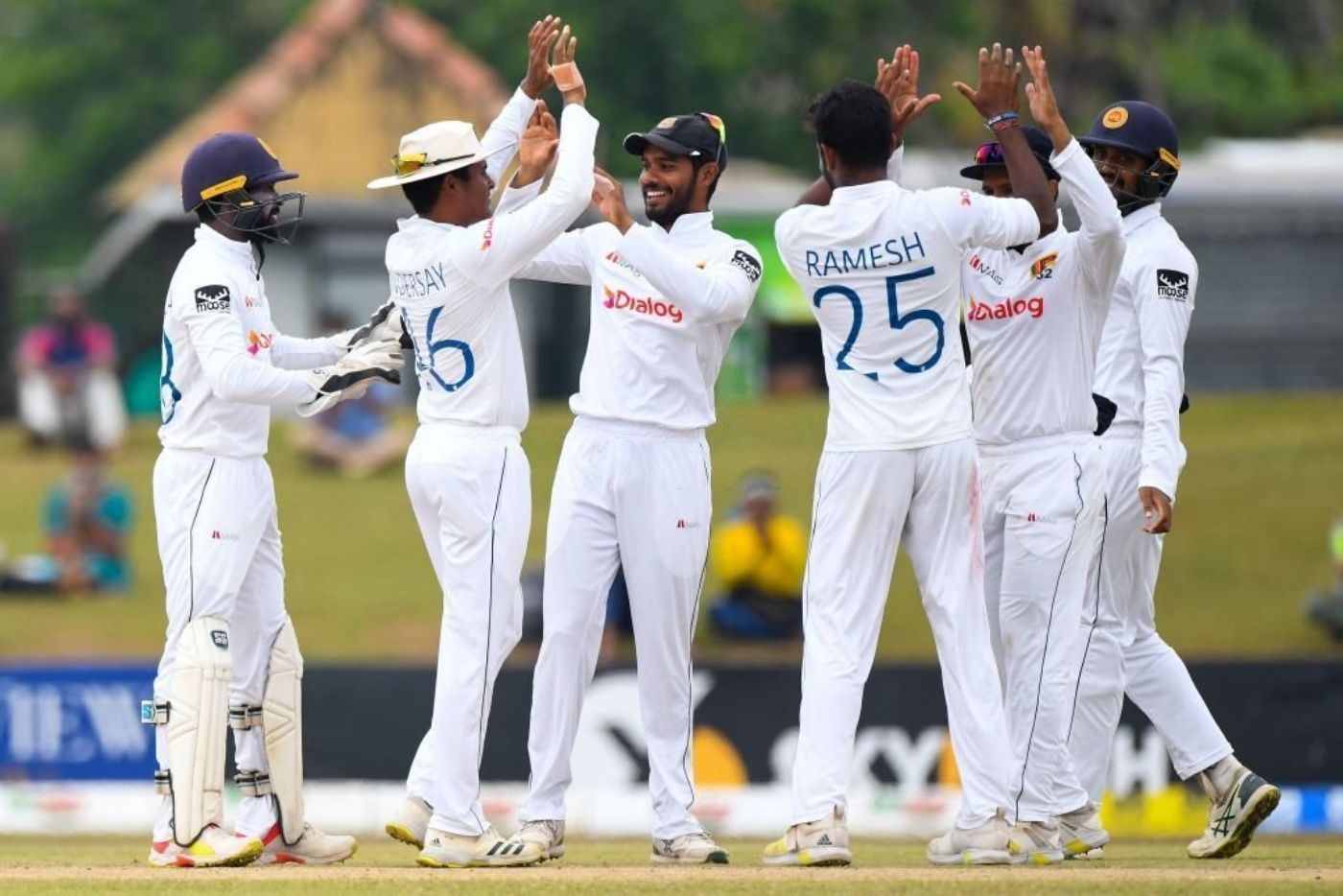 Sri Lankan players celebrate a wicket. Pic: PCB/ Twitter